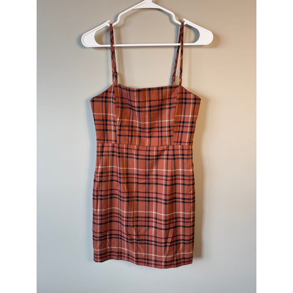 Forever 21 Plaid Mini Dress Spaghetti Strap Square Neck Brown Multi Women Medium
